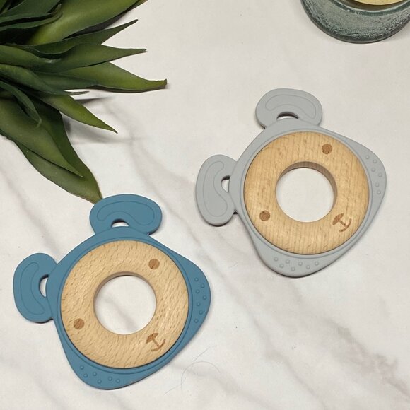 Bear Baby Teether Toys Set of 2, Gray, Blue, Sensory Baby Toy, Woodland Theme - Picture 1 of 2